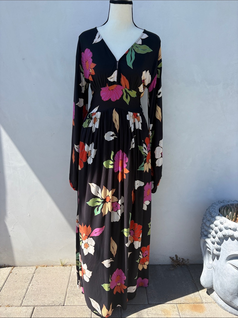 Billabong Black Floral Maxi Dress with V-Neckline